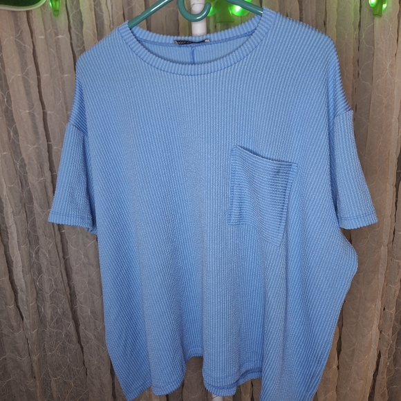 Zenana Outfitters Sky Blue Ribbed Oversized Pocket Tee Waffle Knit Boutique - Picture 2 of 6